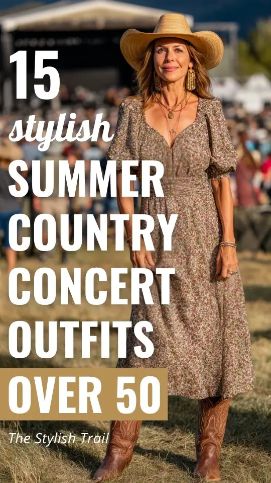 a woman over 50 wears a floral dress for summer country concert