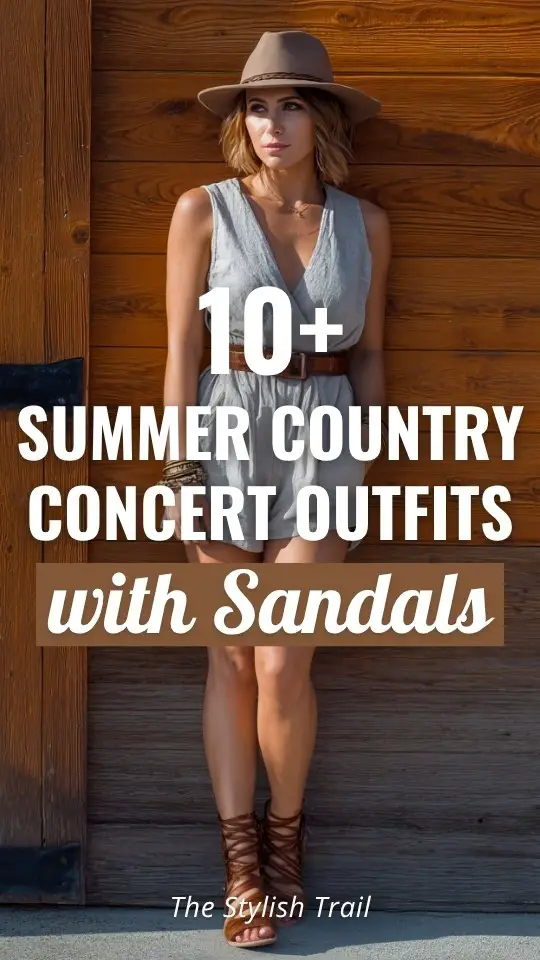 a woman wears a beige romper with sandals to a summer country concert