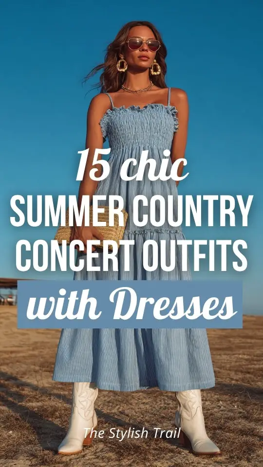 a woman wears a blue dress with white cowboy boots for summer country concert