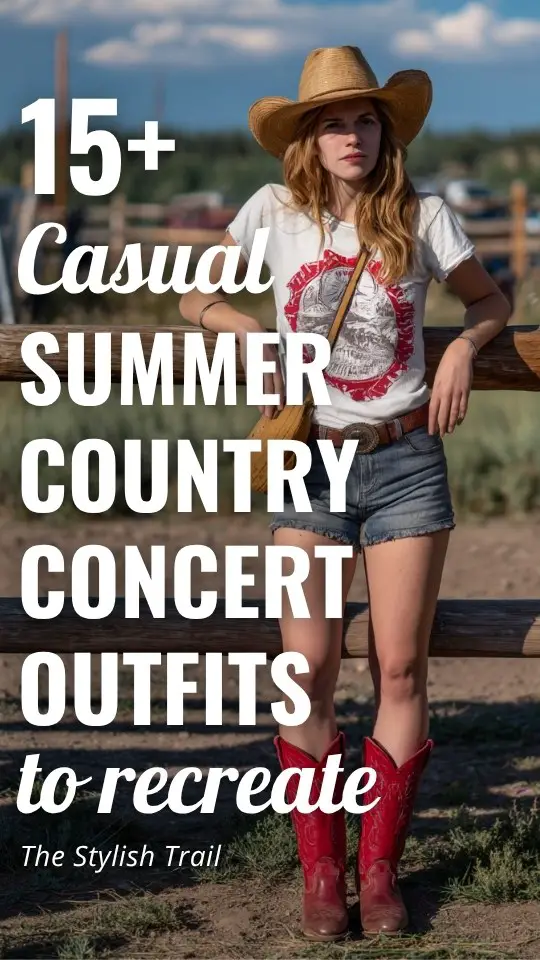a woman wears a casual t shirt with denim shorts and red cowboy boots for summer country concert