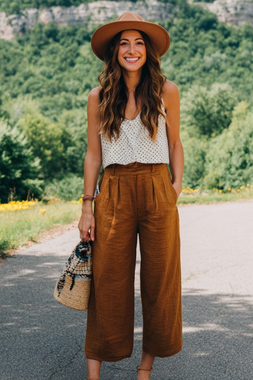 a woman wears a summer country concert outfit with a white crochet top and brown pants