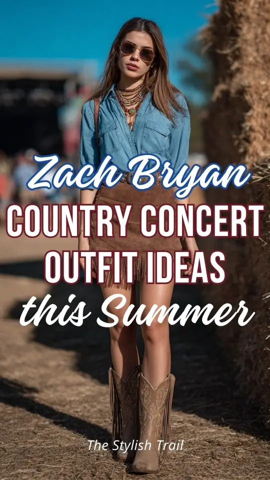 a woman wears denim shirt with skirt and cowboy boots for Zach Bryan country concert in summer