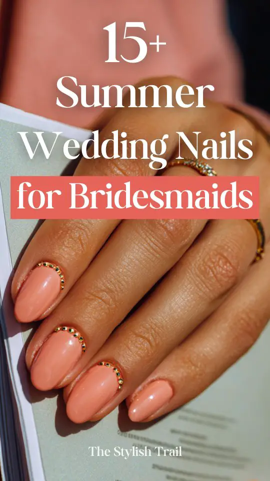 coral summer wedding nails with gold rhinestones for bridesmaids