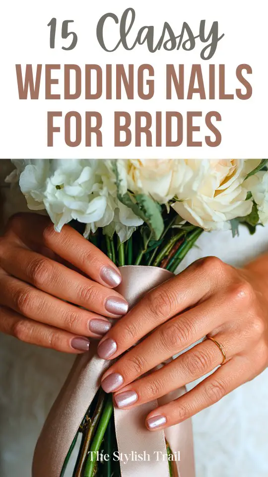 hands of a bride with pink glossy nails are holding a bouquet