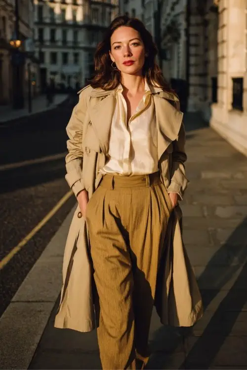 A refined old money outfit with a beige trench coat, silk blouse, and pleated trousers, walking down a quiet city street at sunrise