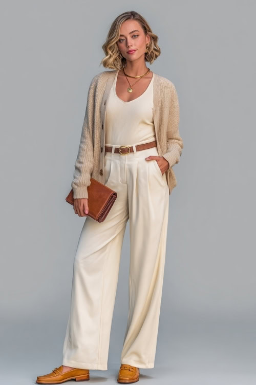 Casual fall outfit featuring a woman in cream wide-leg pants with a beige cardigan and tan loafers, accessorized with gold accents and a leather clutch