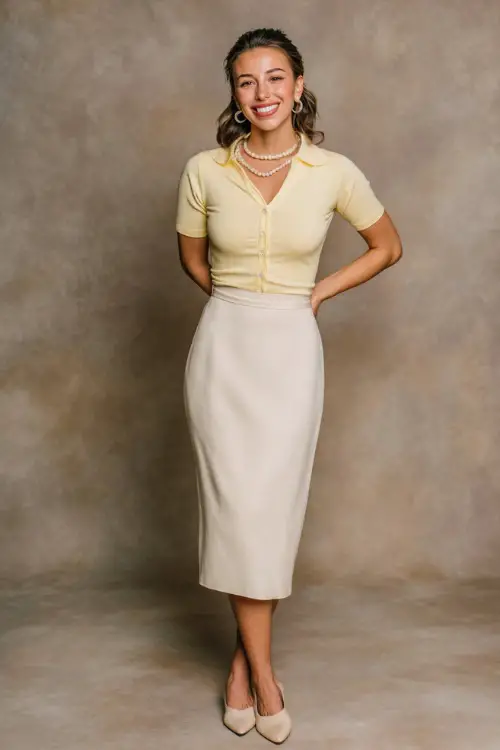 Casual old money outfit featuring a woman in a pale yellow short-sleeve knit top and cream midi skirt, styled with pearl studs and flats, neutral studio backdrop