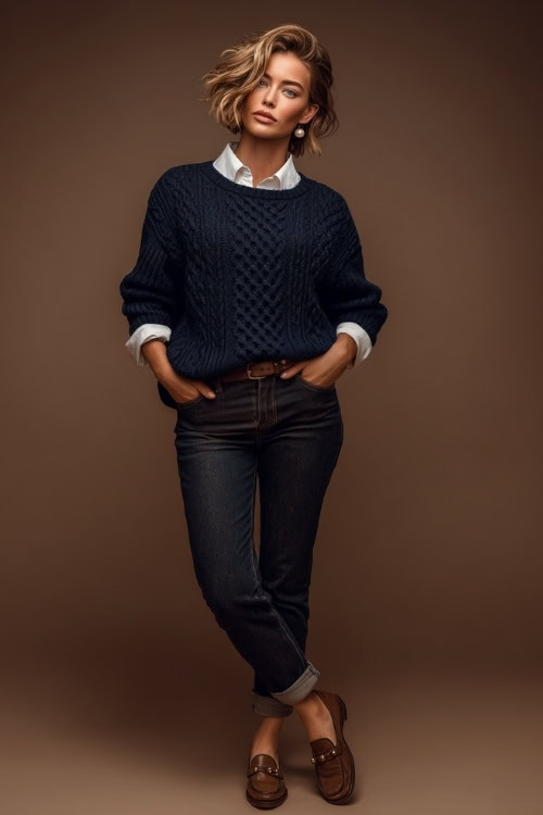 Casual old money outfit with a woman wearing a navy cable-knit sweater over a white shirt and dark jeans, brown loafers and pearl studs, posed full-body in a clean studio 