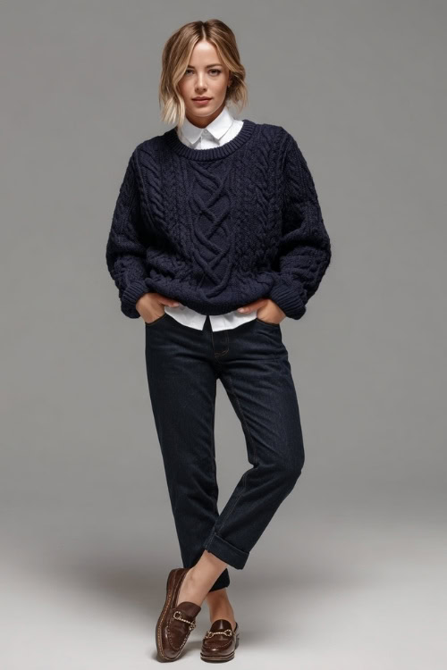 Casual old money outfit with a woman wearing a navy cable-knit sweater over a white shirt and dark jeans, brown loafers and pearl studs, posed full-body in a clean studio