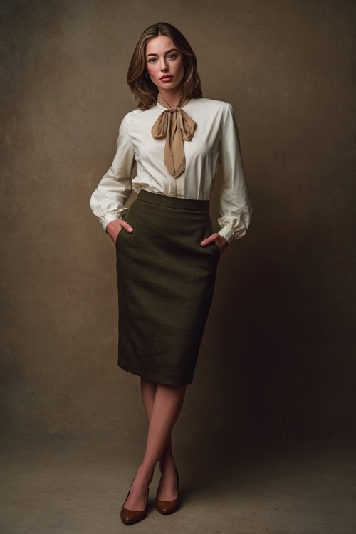 Classic fall look with a woman in a dark olive green midi skirt and a tucked-in ivory blouse with a tie neck, brown flats, full-body in soft studio light 