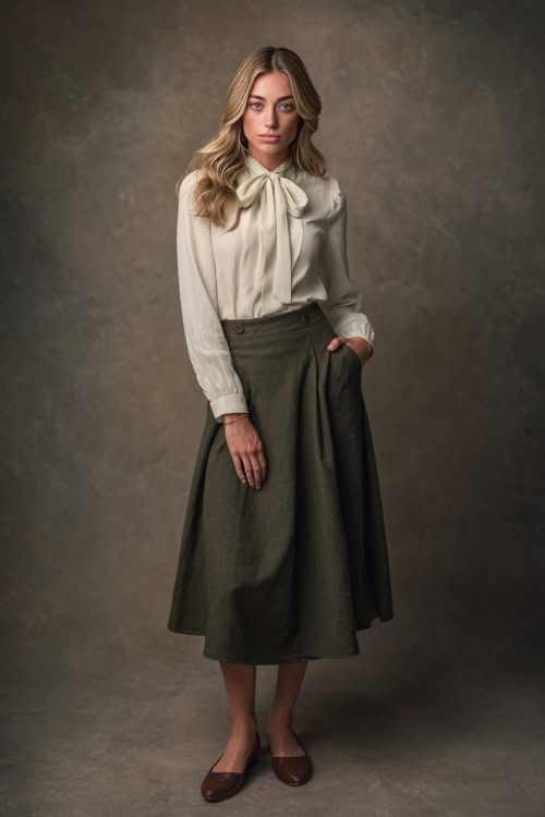 Classic fall look with a woman in a dark olive green midi skirt and a tucked-in ivory blouse with a tie neck, brown flats, full-body in soft studio light
