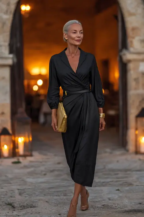 Classy older woman in a black belted long sleeve wrap dress with gold accessories, walking toward a candle-lit venue entrance at dusk, full body 