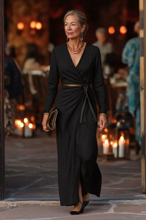 Classy older woman in a black belted long sleeve wrap dress with gold accessories, walking toward a candle-lit venue entrance at dusk, full body 