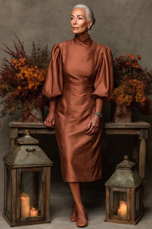 Classy older woman in a muted copper knee-length dress with bishop sleeves and subtle metallic details, posing beside lanterns and floral fall decor 