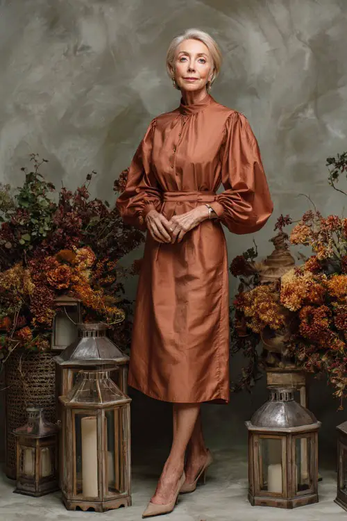 Classy older woman in a muted copper knee-length dress with bishop sleeves and subtle metallic details, posing beside lanterns and floral fall decor