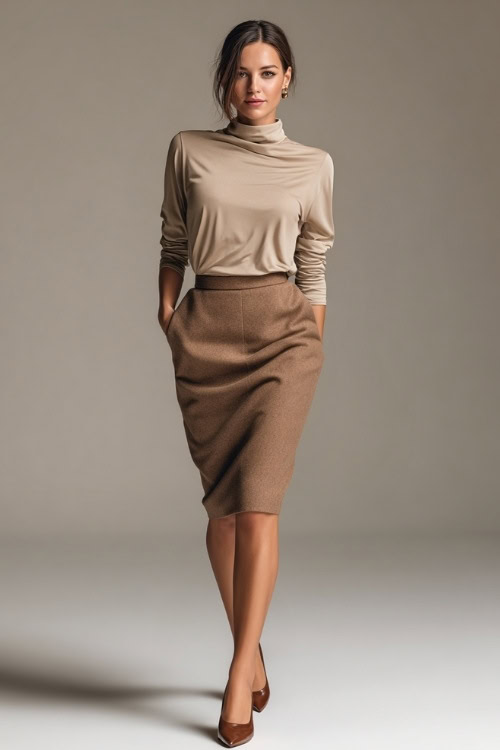 Classy outfit with a woman in a tan midi wool skirt, soft taupe long-sleeve blouse, gold studs and brown flats, posed full-body in a neutral fall studio 