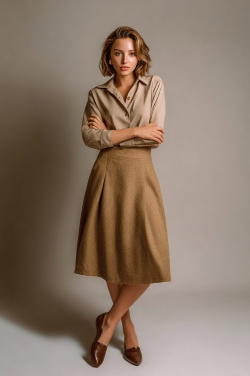 Classy outfit with a woman in a tan midi wool skirt, soft taupe long-sleeve blouse, gold studs and brown flats, posed full-body in a neutral fall studio 