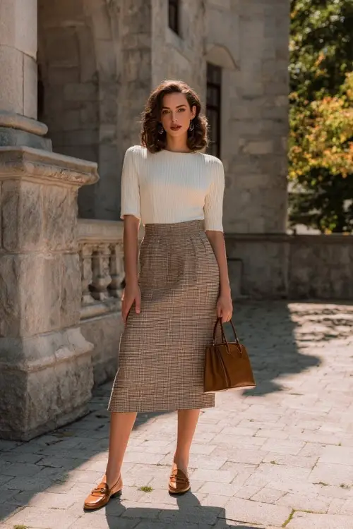 Classy woman in a muted plaid midi skirt with a tucked-in ivory ribbed top, accessorized with tan loafers and a structured handbag, fall-inspired background 