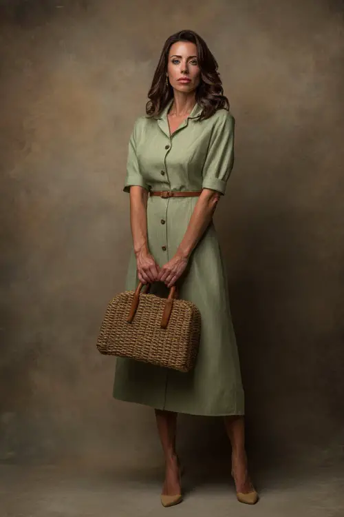 Classy woman in a sage green buttoned midi dress with subtle pleats, a woven handbag, and tan low heels, studio background with soft shadow