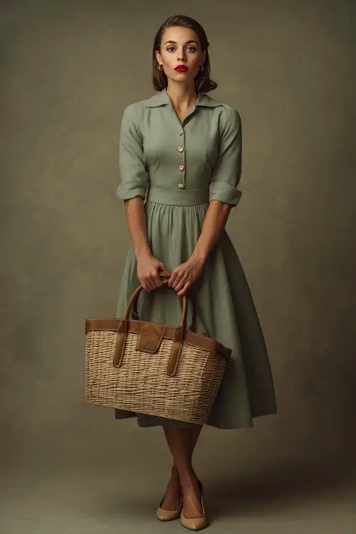 Classy woman in a sage green buttoned midi dress with subtle pleats, a woven handbag, and tan low heels, studio background with soft shadows 
