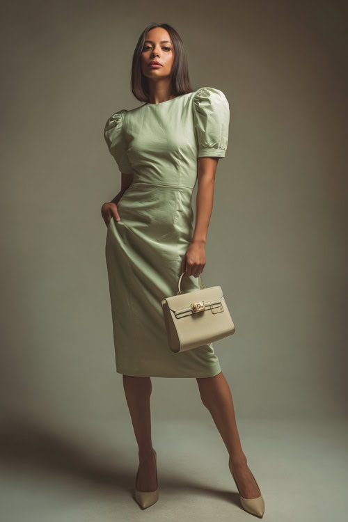 Classy woman in a sage green midi dress with puff shoulders, structured handbag, and pointed-toe heels, full-body shot in a soft-lit studio