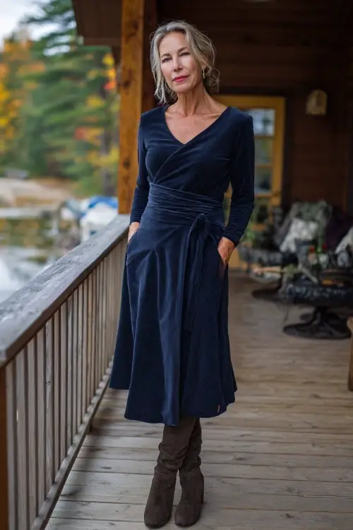 Classy woman over 50 in a long sleeve belted navy dress with subtle flare and suede boots, standing at a wooden deck wedding venue in fall, full body visible
