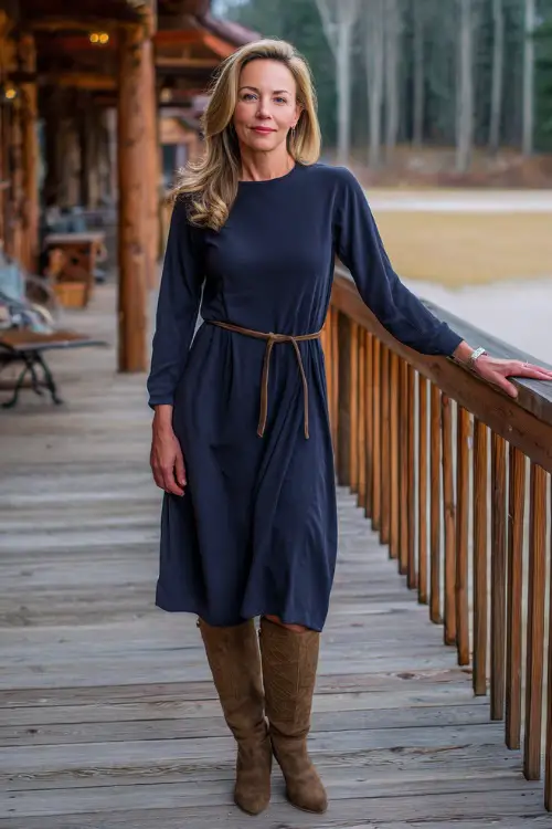 Classy woman over 50 in a long sleeve belted navy dress with subtle flare and suede boots, standing at a wooden deck wedding venue in fall, full body visible 