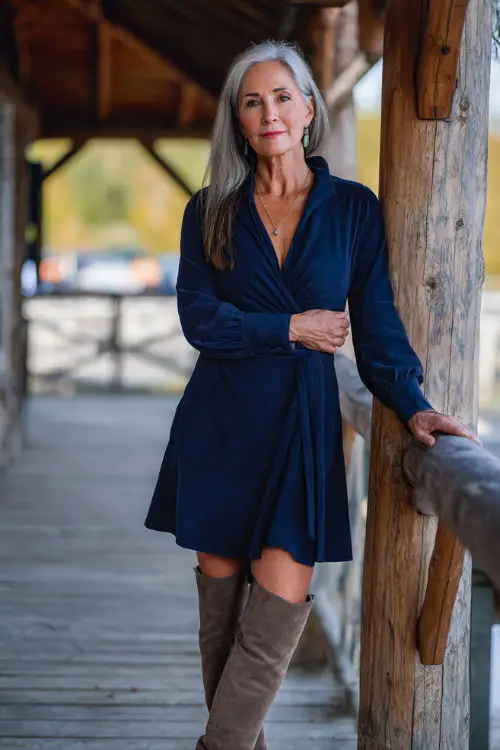 Classy woman over 50 in a long sleeve belted navy dress with subtle flare and suede boots, standing at a wooden deck wedding venue in fall, full body visible 