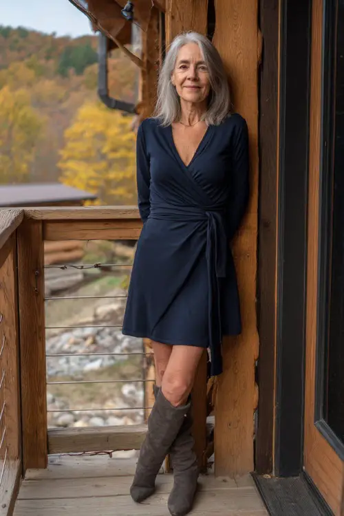 Classy woman over 50 in a long sleeve belted navy dress with subtle flare and suede boots, standing at a wooden deck wedding venue in fall, full body visible