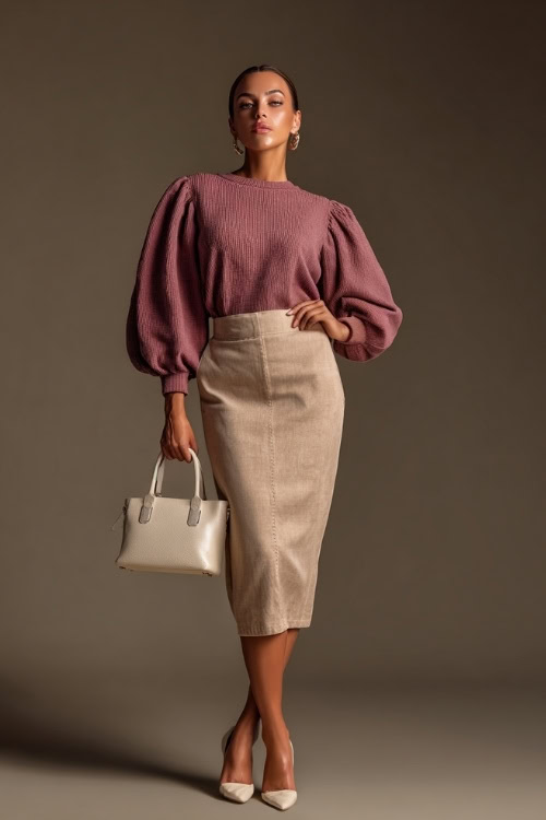 Elegant fall outfit featuring a woman in a dusty rose sweater with puff sleeves and a midi skirt, styled with cream flats and a top-handle bag, full-body in studio 