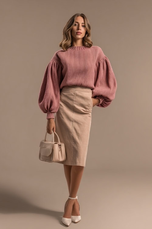 Elegant fall outfit featuring a woman in a dusty rose sweater with puff sleeves and a midi skirt, styled with cream flats and a top-handle bag, full-body in studio