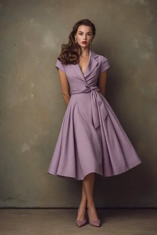 Elegant lady in a dusty lilac tea-length dress with a ribbon waist and subtle texture, styled with kitten heels and vintage earrings, full-body in studio with classic lighting