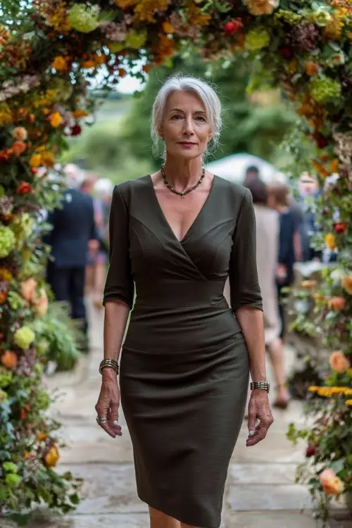 Elegant older woman in a classic sheath dress in dark olive green with V-neckline and bracelet sleeves, walking beside a fall floral ceremony arch 