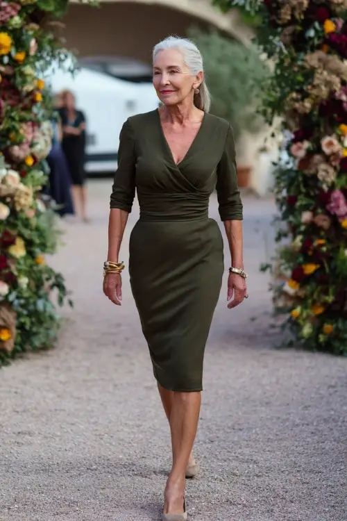 Elegant older woman in a classic sheath dress in dark olive green with V-neckline and bracelet sleeves, walking beside a fall floral ceremony arch 