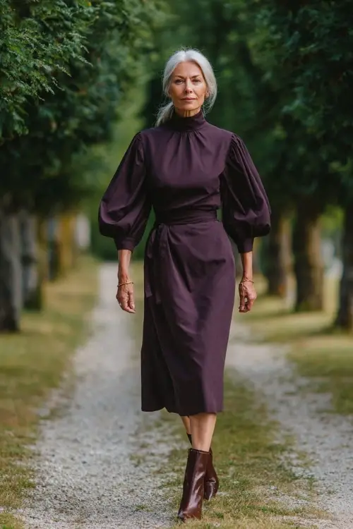 Elegant older woman in a high-neck dark plum midi dress with bishop sleeves and ankle boots, walking along a tree-lined garden aisle, full body