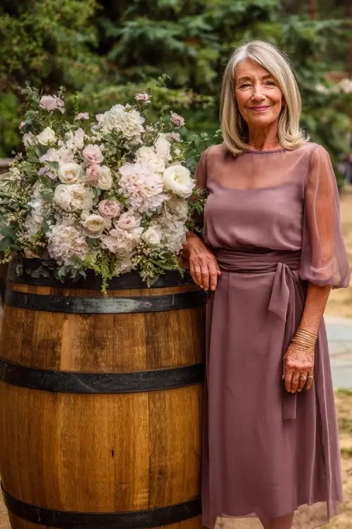 Elegant older woman in a mauve tea-length dress with sheer sleeves and block heels, posing beside a wooden barrel floral arrangement at an outdoor wedding venue 