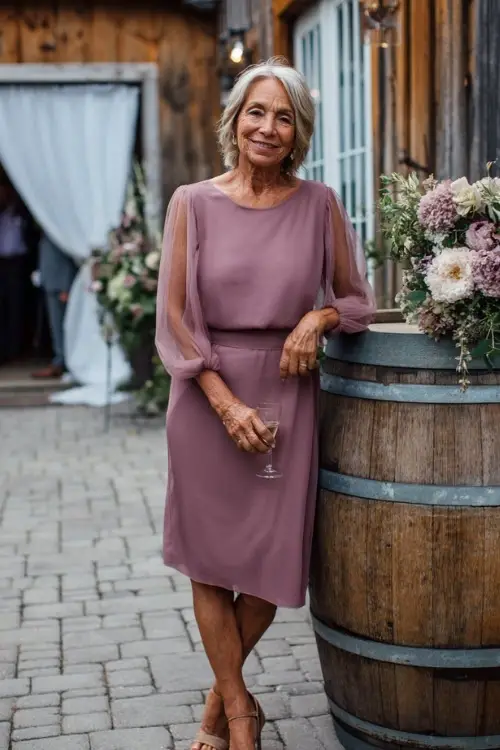 Elegant older woman in a mauve tea-length dress with sheer sleeves and block heels, posing beside a wooden barrel floral arrangement at an outdoor wedding venue