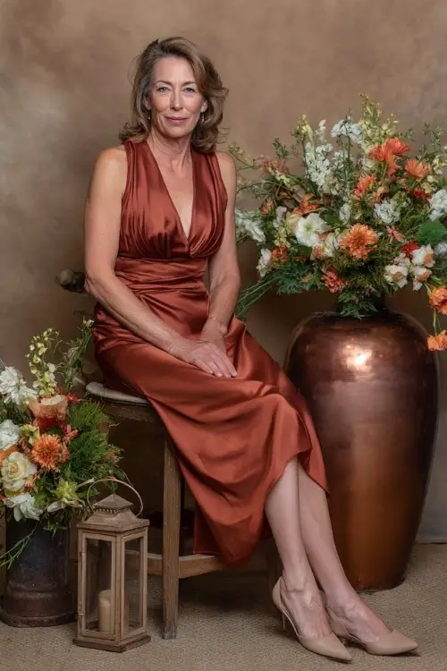 Elegant older woman in a rich rust satin midi dress with V-neckline and neutral shoes, posing beside floral centerpieces and copper lanterns