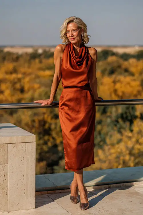 Elegant older woman in a rust-colored midi dress with cowl neckline and metallic heels, posing on a terrace with golden foliage in the background