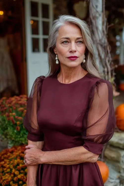 Elegant older woman wearing a burgundy fit-and-flare midi dress with sheer sleeves and pearl earrings, standing near pumpkins and mums at a fall wedding setting