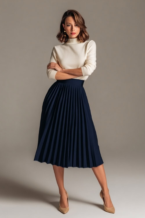 Elegant outfit with a navy pleated midi skirt and a cream cashmere top, paired with kitten heels and gold earrings, full-body pose in light-toned studio 