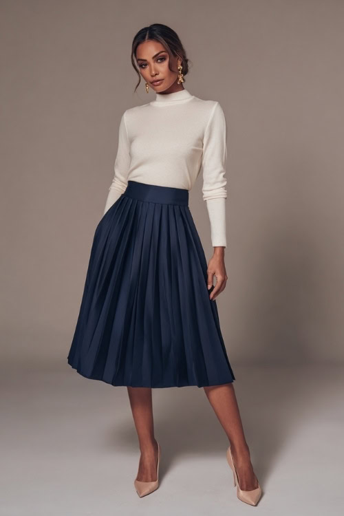 Elegant outfit with a navy pleated midi skirt and a cream cashmere top, paired with kitten heels and gold earrings, full-body pose in light-toned studio