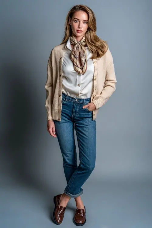 Elegant woman in a beige cardigan over a crisp button-up shirt, tucked into tailored jeans with leather loafers and a silk scarf, studio background
