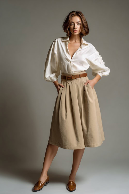 Elegant woman in a beige midi skirt with a tucked-in white blouse with balloon sleeves, classic belt, and brown loafers, posed gracefully in studio