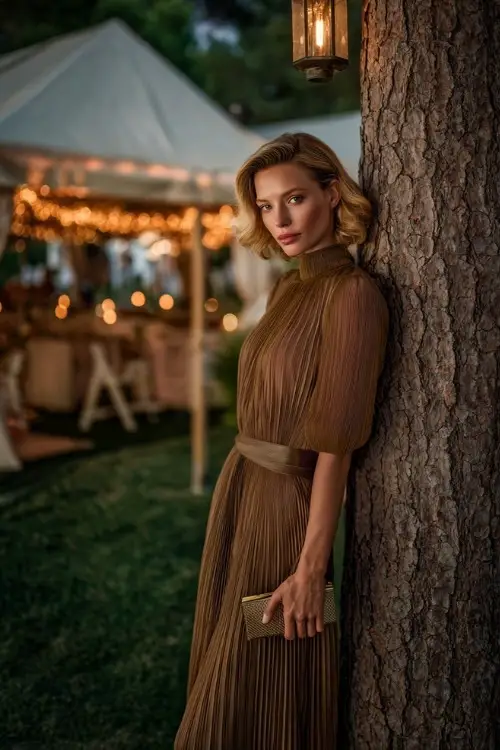 Elegant woman in a bronze pleated midi dress with mock neck and sheer sleeves, holding a small clutch and posing beside a reception tent with string lights 