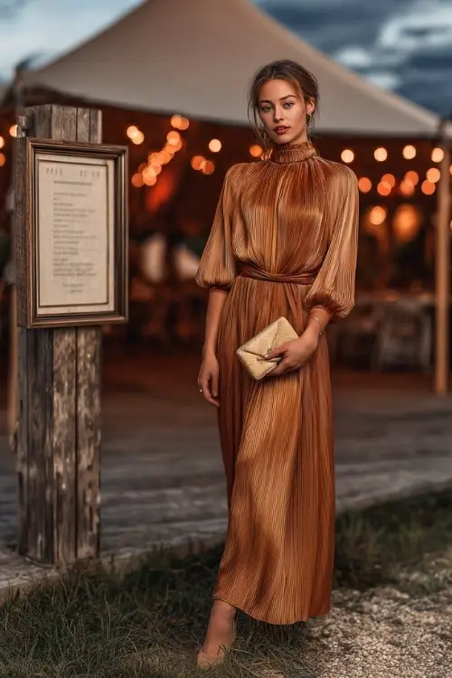 Elegant woman in a bronze pleated midi dress with mock neck and sheer sleeves, holding a small clutch and posing beside a reception tent with string lights 