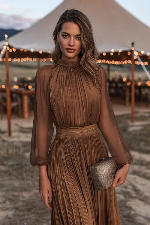 Elegant woman in a bronze pleated midi dress with mock neck and sheer sleeves, holding a small clutch and posing beside a reception tent with string lights
