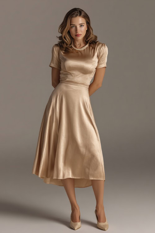 Elegant woman in a champagne-colored tea-length satin dress with short sleeves, styled with pearls and pointed flats
