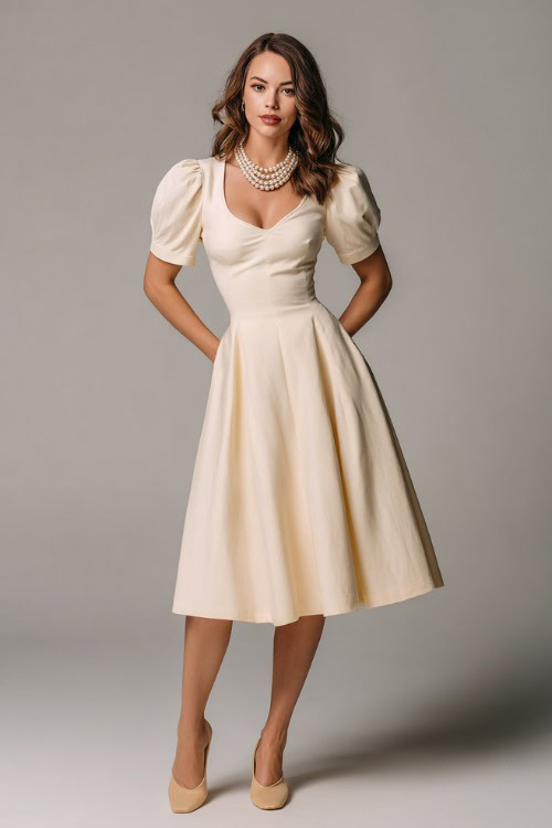 Elegant woman in a cream fit-and-flare midi dress with short puff sleeves, a pearl necklace, and beige ballet flats, standing full-body in a simple studio background