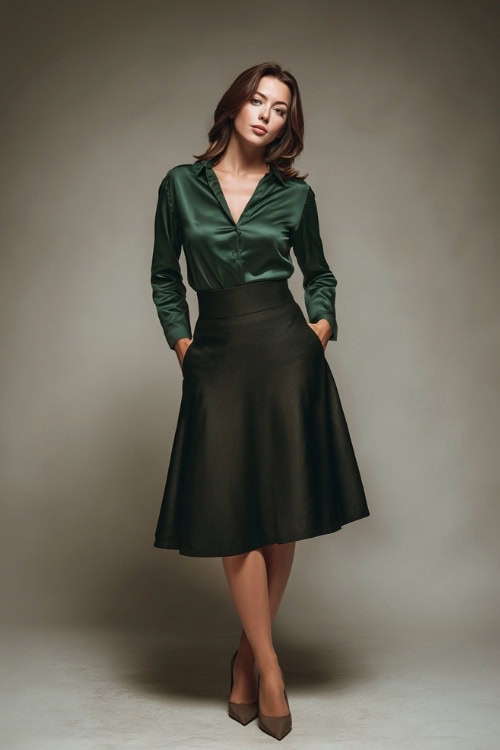 Elegant woman in a dark green A-line skirt with a tucked-in satin blouse and classic pumps, full-body in studio with subtle shadows 